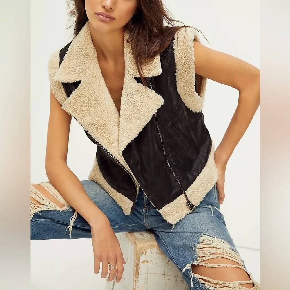 Free People We The Free Clover Teddy Vegan Leather Shearling Vest Black Cream L